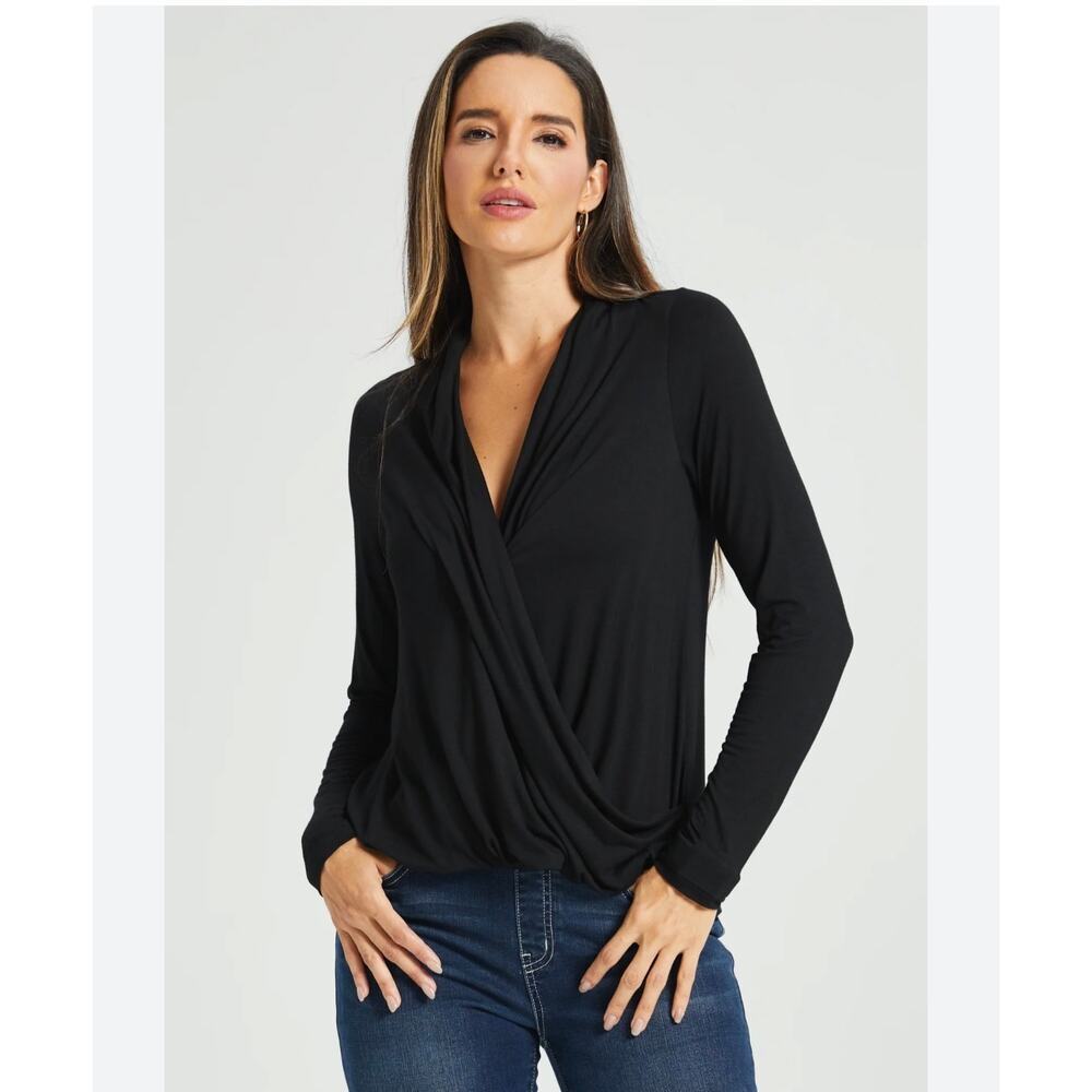 Bobi Los Angeles Black Ribbed Wrap Front Long Sleeve Top Size S NWT